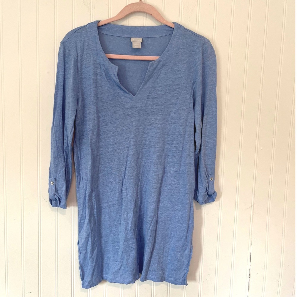 Chicos Blue 100% Linen Tunic Top 3/4 Roll Tab Sleeve Split Neck Size 0 S